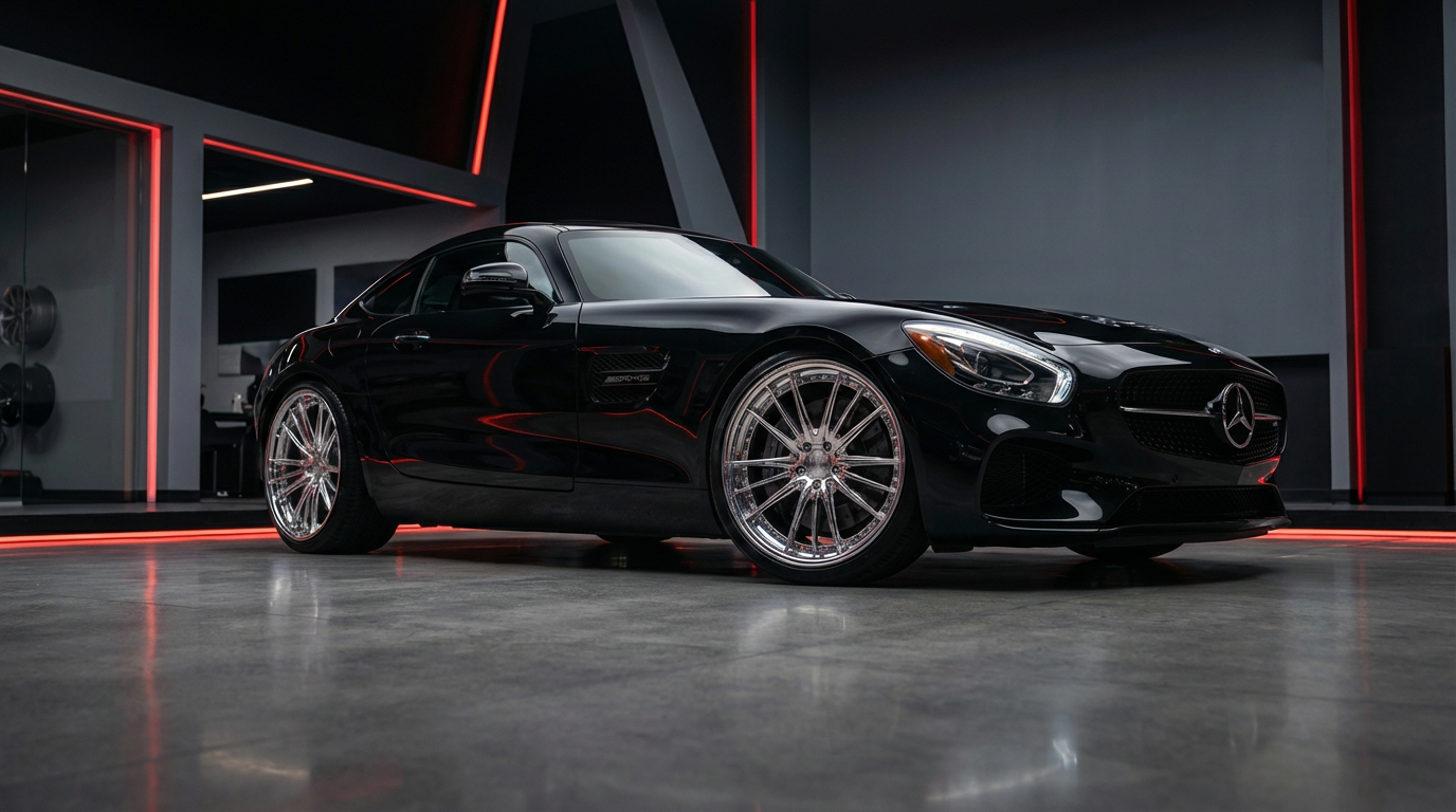 Luxury vehicle with custom wheels at Limitless Tire showroom