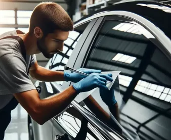 DALL·E 2024-04-12 18.38.48 - Create an image of a professional automotive technician applying window tinting film to a car's side window in a well-lit, modern garage. The image sh